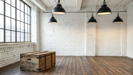 A rustic wooden chest sits in a minimalist interior with exposed brick walls and large industrial windows, illuminated by four pendant lights.