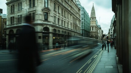 A blurred urban street scene with pedestrians and vehicles, capturing city life and movement.