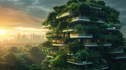 Obraz premium A futuristic building covered in lush greenery stands tall against a backdrop of a city skyline and a vibrant sunrise.