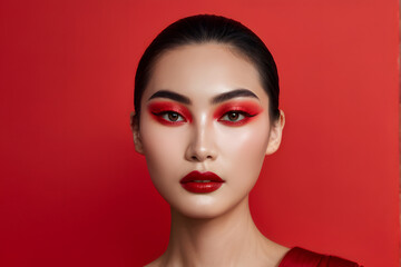 A woman with red makeup on her face