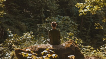 A person participating in a digital detox retreat in nature, representing the balance of technology and mental well-being, Digital detox scene
