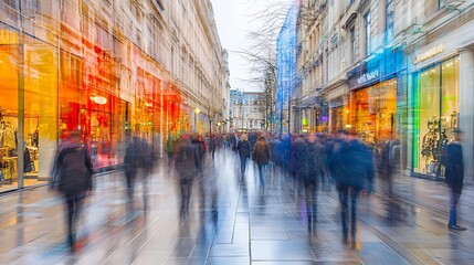 Fototapeta premium Blurry Crowd Walking on a Wet City Street with Storefronts
