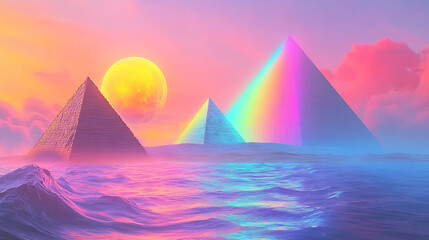 Pyramid mountain island with rainbow planet view in the sky