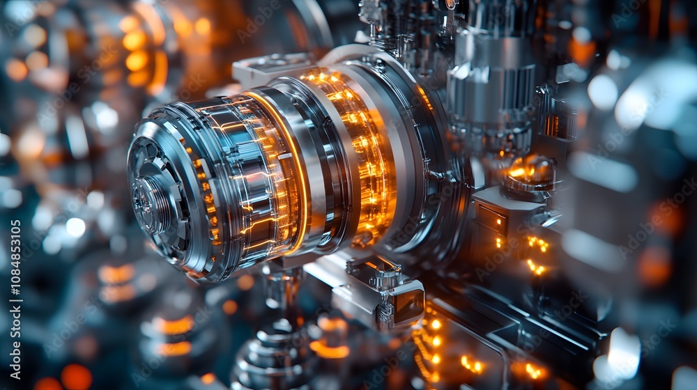 Poster An AI-driven machine with sharp 3D details, layered with 2D holographic indicators of processing data. 4k resolution, Cinematic Scene