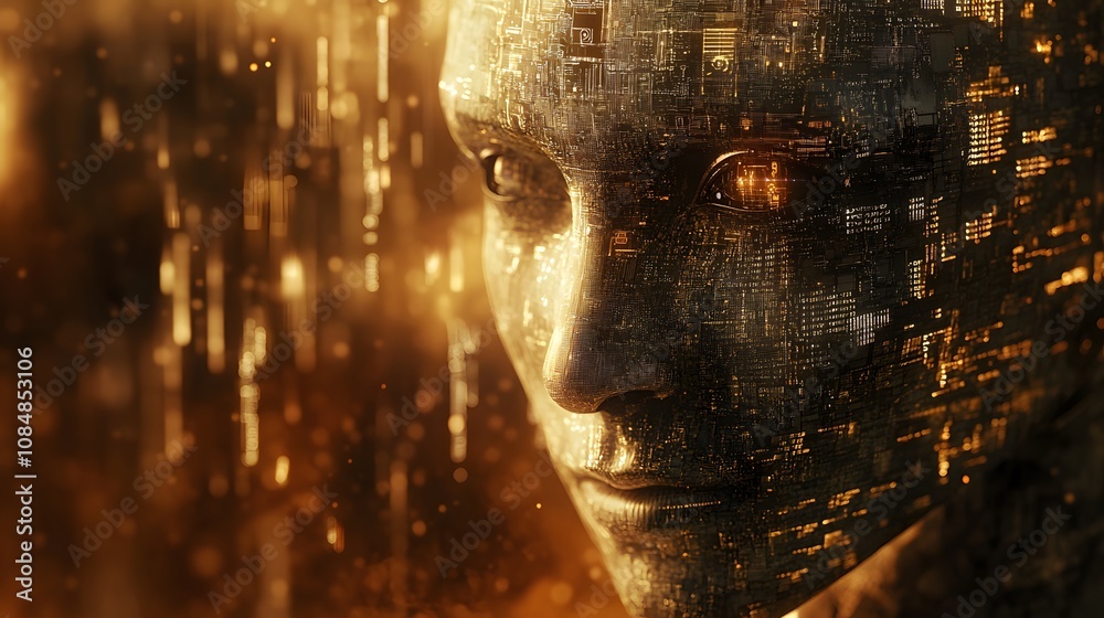 Wall mural A robotic face in 3D, embedded with intricate circuits, set against a 2D background of flowing data and codes. 4k resolution, Cinematic Scene