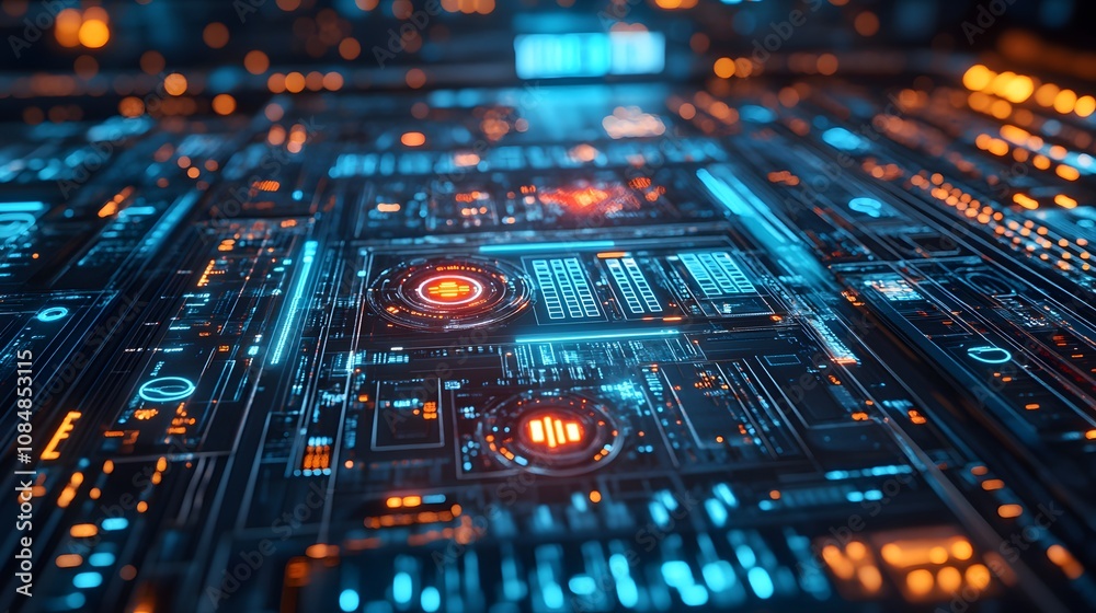 Poster An AI-driven machine with sharp 3D details, layered with 2D holographic indicators of processing data. 4k resolution, Cinematic Scene