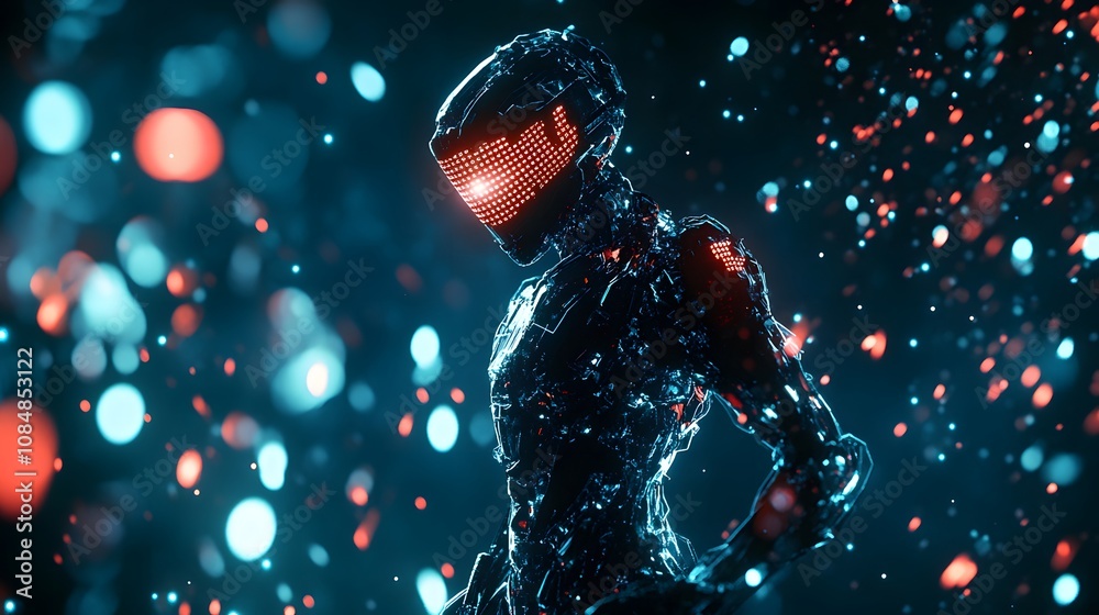 Poster a humanoid ai figure in 3d detail, with 2d digital projections symbolizing data transfer and learnin