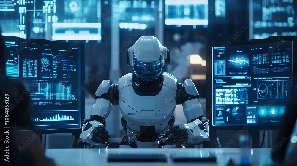 Poster A futuristic lab with a 3D robot in the center, integrated with 2D floating data screens and holograms. 4k resolution, Cinematic Scene