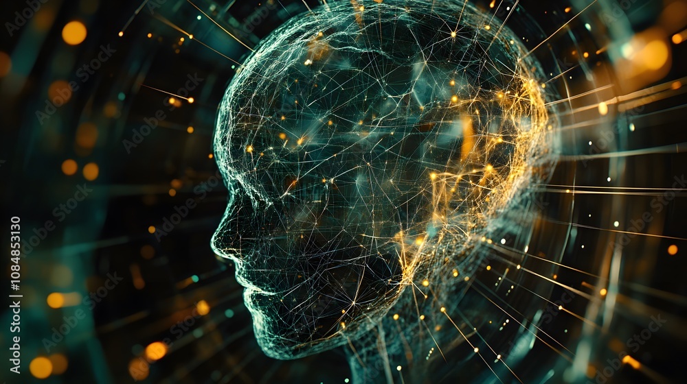 Poster A 3D-rendered digital brain with neural connections, layered over a 2D abstract matrix. 4k resolution, Cinematic Scene