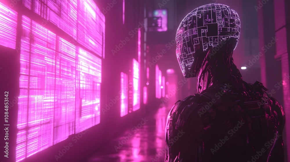 Poster a humanoid ai figure in 3d detail, with 2d digital projections symbolizing data transfer and learnin