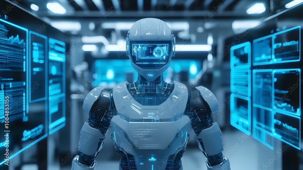 Aufkleber A futuristic lab with a 3D robot in the center, integrated with 2D floating data screens and holograms. 4k resolution, Cinematic Scene