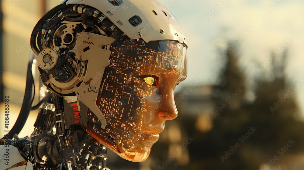 Poster An AI humanoid with a transparent 3D head showing circuits, with a 2D digital world around it. 4k resolution, Cinematic Scene
