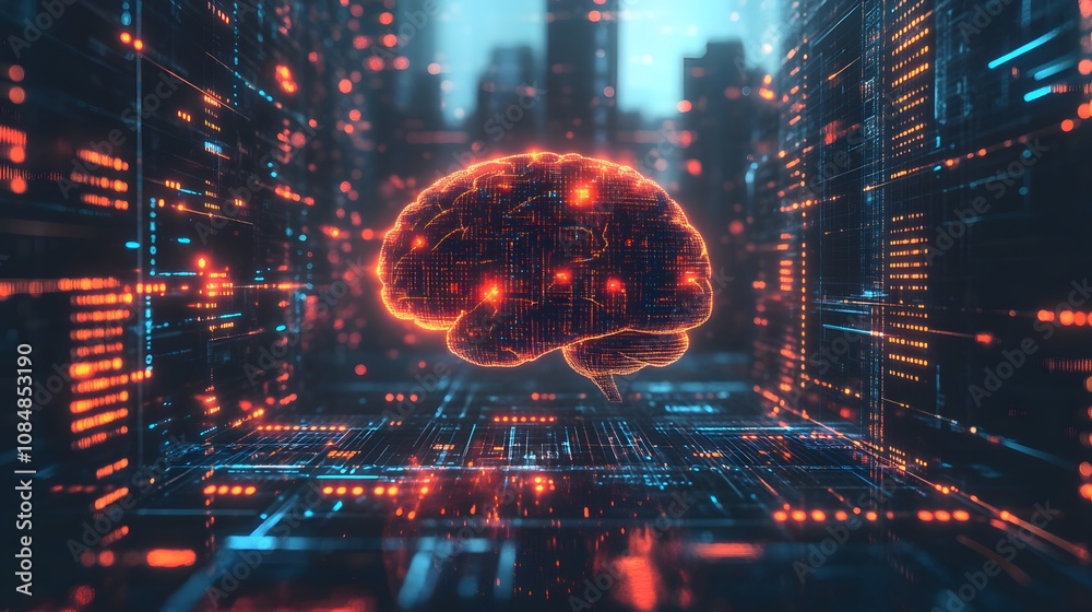 Poster A digital 3D brain surrounded by a 2D illustration of flowing data and binary codes. 4k resolution, Cinematic Scene