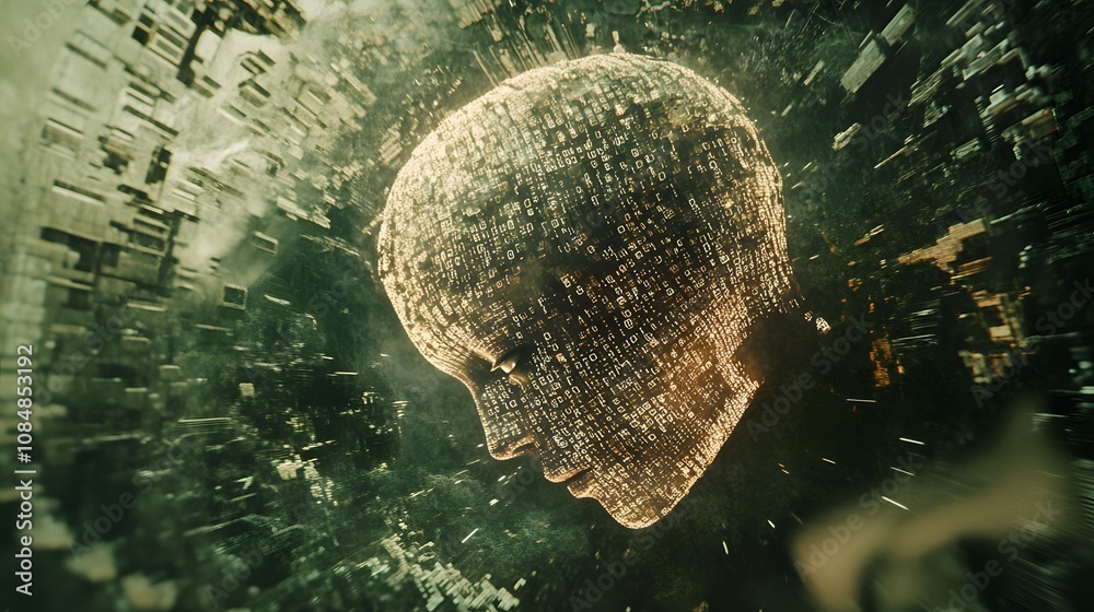 Poster A digital 3D brain surrounded by a 2D illustration of flowing data and binary codes. 4k resolution, Cinematic Scene