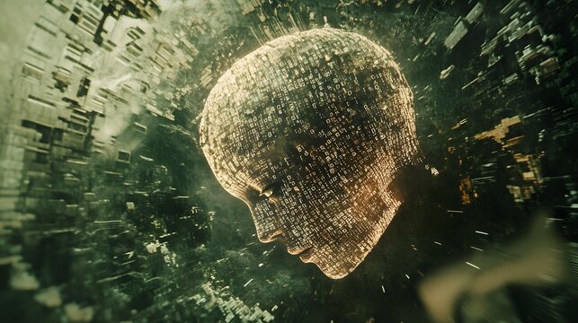 A digital 3D brain surrounded by a 2D illustration of flowing data and binary codes. 4k resolution, Cinematic Scene