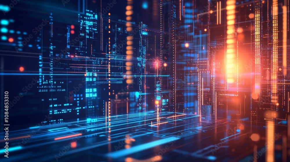 Poster abstract digital landscape with glowing lines and structures, representing technology and data flow.