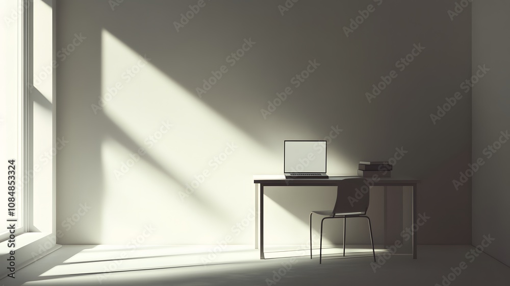 Poster A minimalist desk setup with a closed laptop, sharp focus on clean lines and open space, emphasizing simplicity. Cinematic Scene, 4k resolution, cinematic scene
