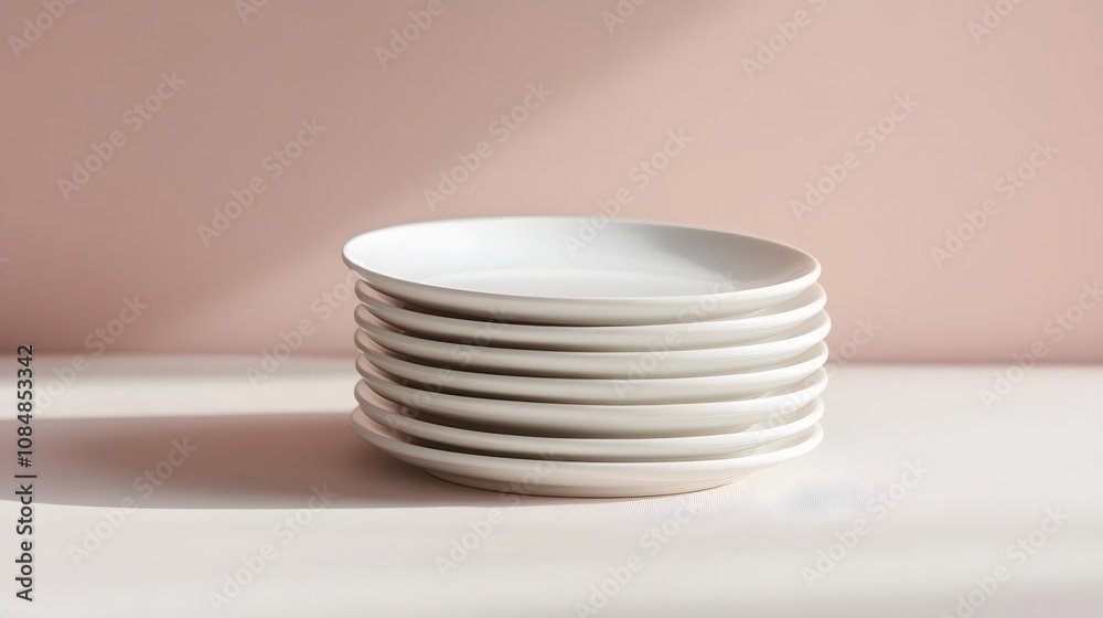 Poster a stack of simple, white ceramic plates on a light surface, each edge captured with precision to emp