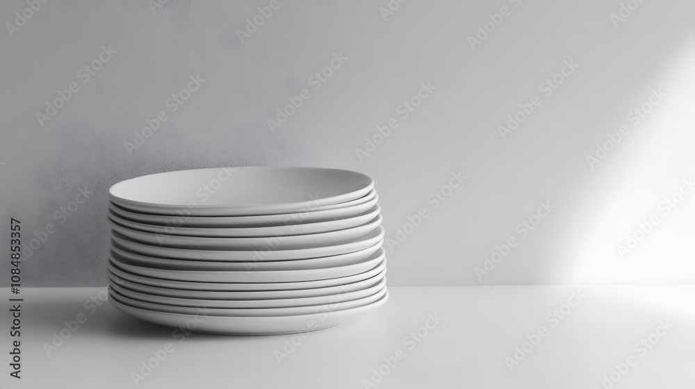 Poster A stack of simple, white ceramic plates on a light surface, each edge captured with precision to emphasize clean minimalism. Cinematic Scene, 4k resolution, cinematic scene