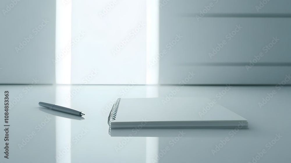 Poster a clean, modern workspace with a single notebook and pen on a plain white surface, embodying a minim