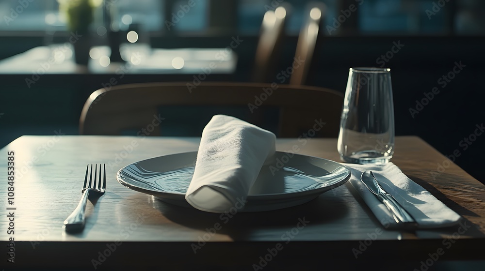 Poster a minimalist table setup with a single, neatly folded cloth napkin, embodying editorial simplicity i