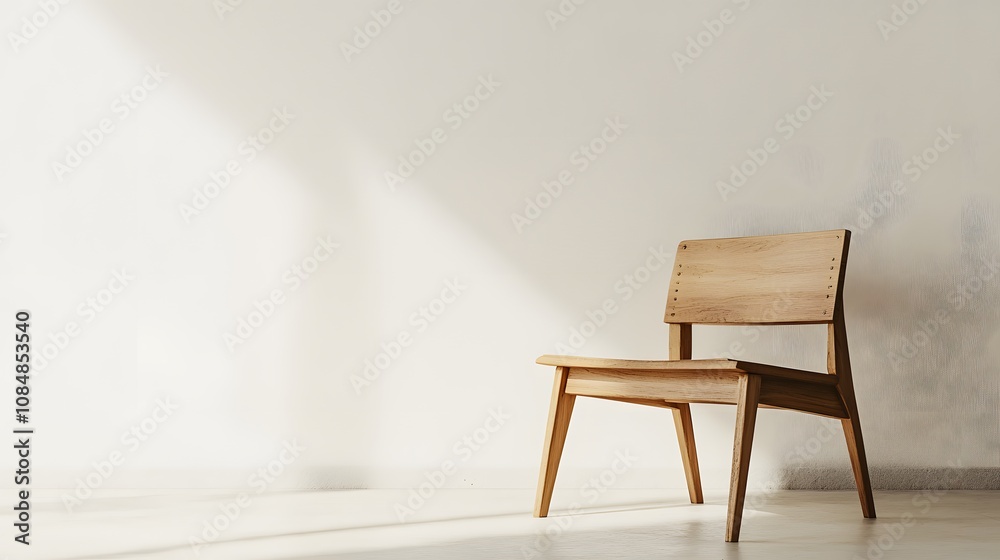 Poster a modern chair against a white wall, highlighting clean lines and a minimalist design in sharp focus