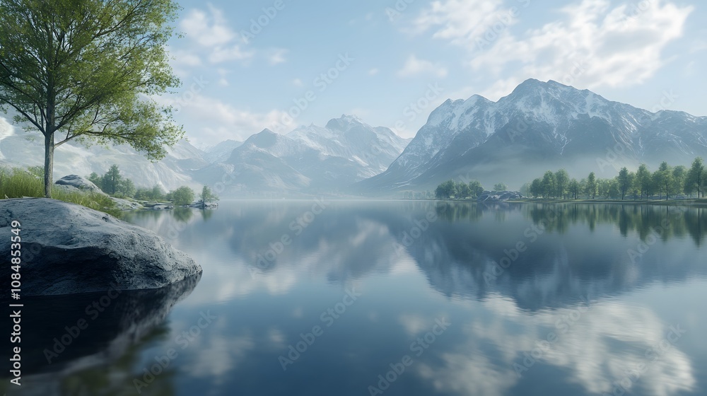 Poster a hyperrealistic image of a serene lake with mountains reflected on its glassy surface, capturing sh