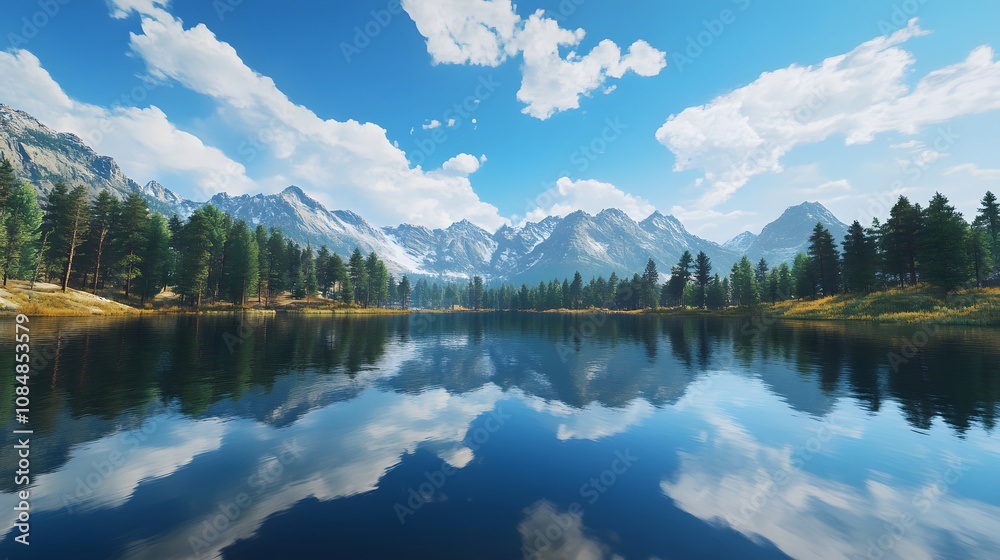 Poster a hyperrealistic image of a serene lake with mountains reflected on its glassy surface, capturing sh