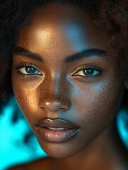 Close-Up Portrait of a Young Black Woman with Striking Freckles. Studio Photography and Portraiture Concept.