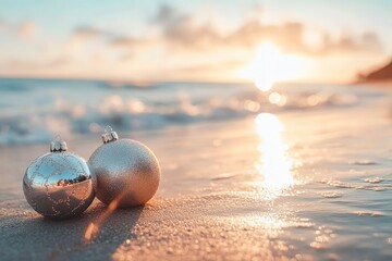 Tropic Christmas ornaments on magic exotic sandy beach against ocean background at golden hour. Happy holidays and festive celebration concept. Creative Christmas and new with generative ai