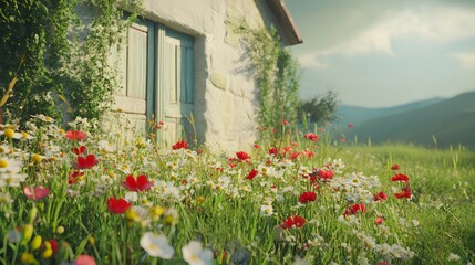 A picturesque countryside cottage with vibrant green meadows and wildflowers, captured in photorealistic detail. Cinematic Scene, 4k resolution, cinematic scene