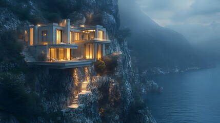 Fototapeta premium A luxurious villa perched on a cliffside with panoramic ocean views, each window and stone rendered in sharp detail. Cinematic Scene, 4k resolution, cinematic scene