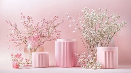 A serene arrangement of pink container and delicate flower against a soft pink backdrop.