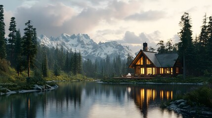 Fototapeta premium A luxury cabin by the river with a surrounding forest, captured in vibrant detail and sharp focus. Cinematic Scene, 4k resolution, cinematic scene