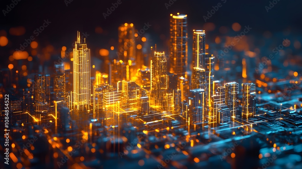 Poster An abstract digital city made of glowing polygons and fragmented neon shapes, symbolizing advanced technology and innovation. 4k resolution, cinematic scene