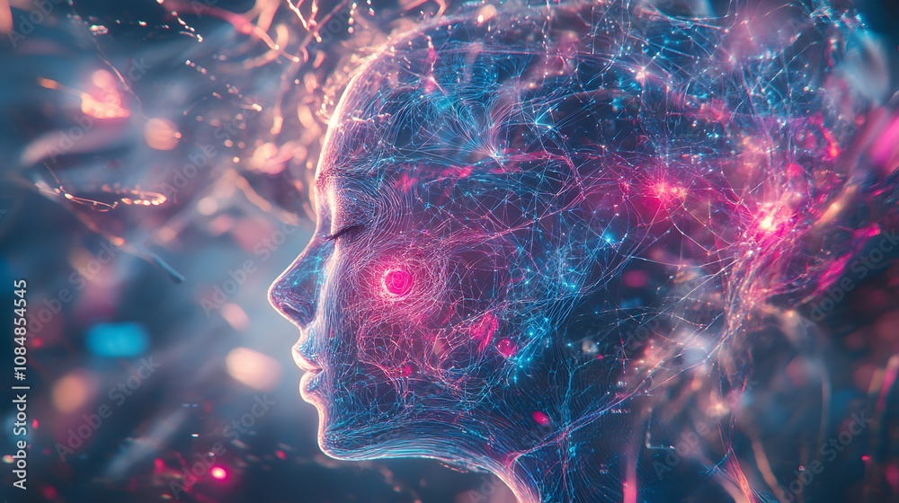 Poster a dreamlike representation of a futuristic ai with intricate, floating holographic designs and swirl