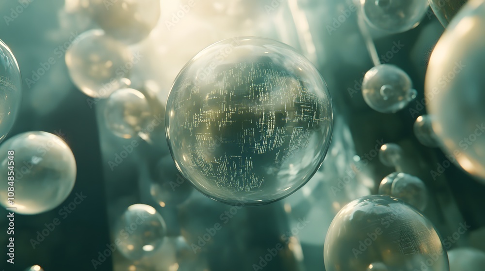 Poster a surreal space with floating, semi-transparent spheres filled with digital information, forming an 