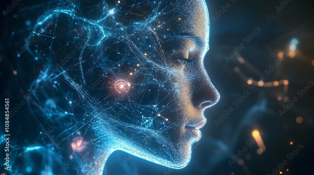 Poster a dreamlike representation of a futuristic ai with intricate, floating holographic designs and swirl