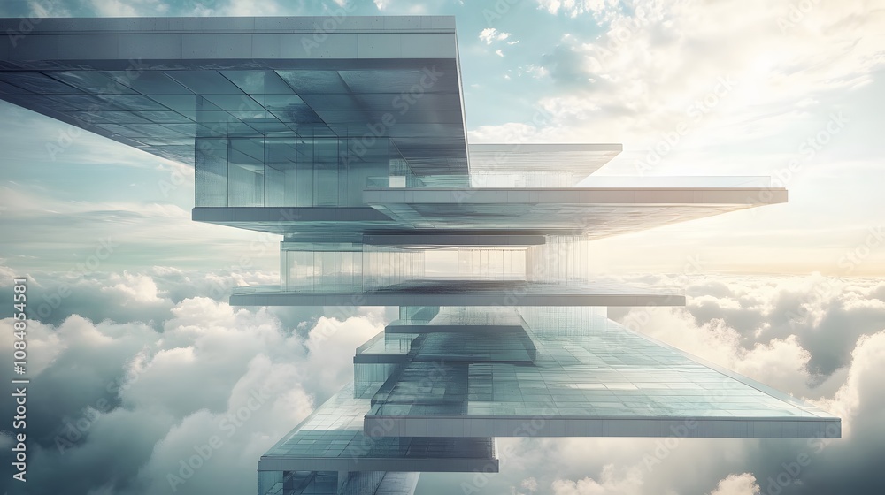 Poster A futuristic building complex with transparent floors and layered platforms, under a surreal, cloudy sky. 4k resolution, cinematic scene