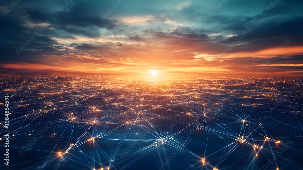Poster a high-tech grid with bright, interconnected lines stretching into the horizon, symbolizing futurist
