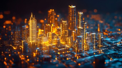 Fototapeta premium An abstract digital city made of glowing polygons and fragmented neon shapes, symbolizing advanced technology and innovation. 4k resolution, cinematic scene