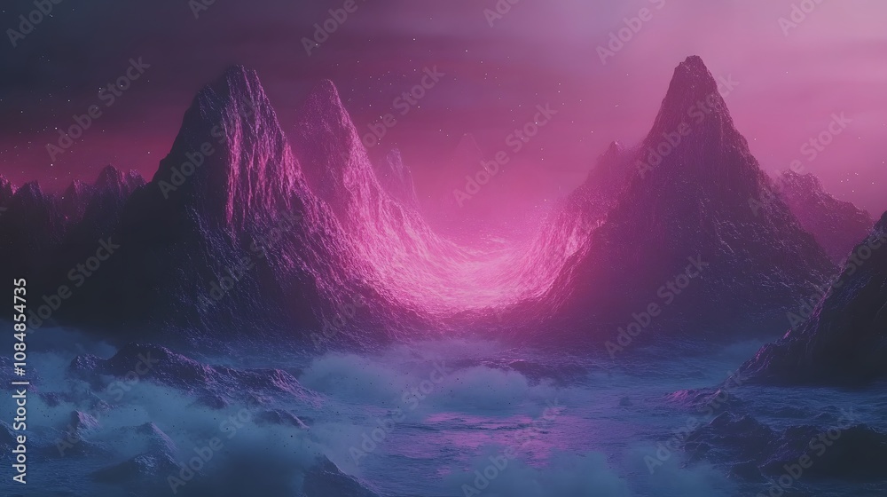 Poster An ethereal sci-fi landscape featuring neon-lit mountains and floating particles in a vast digital realm. 4k resolution, cinematic scene
