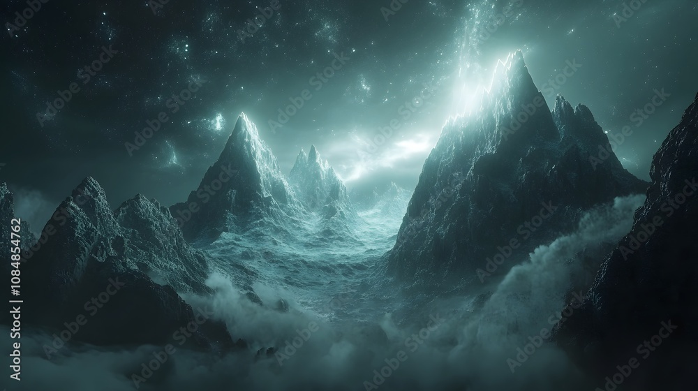 Poster An ethereal sci-fi landscape featuring neon-lit mountains and floating particles in a vast digital realm. 4k resolution, cinematic scene