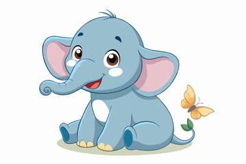  A baby elephant sitting in cute pose, with butterfly, on white background
