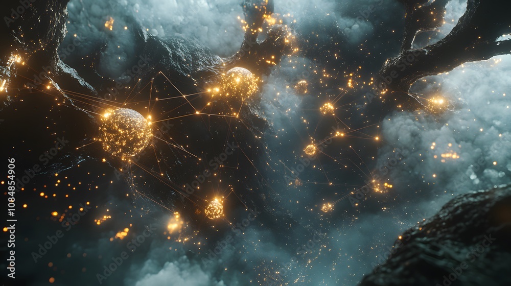 Poster a cosmic-inspired network with glowing nodes and connections stretching across an expansive, surreal