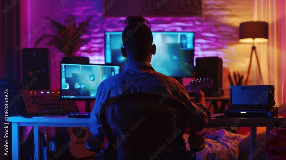 Poster a person streaming live content to a global audience from a home studio, symbolizing digital content