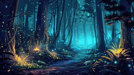 A forest at night with bioluminescent plants and animals lighting up the darkened landscape.