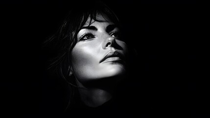 A high-contrast black-and-white portrait of a woman partially in shadow, her face illuminated by a single light source, capturing a moody and mysterious atmosphere. Cinematic Scene, 4k resolution,