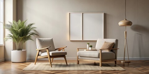 Serene living room with minimalist light wood chairs and a large framed canvas, creating a calming and sophisticated atmosphere.
