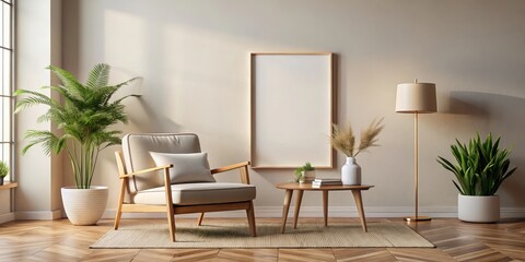 Fototapeta premium Serene living room interior design with a cozy armchair, wooden coffee table, potted plants, and a blank frame for artwork